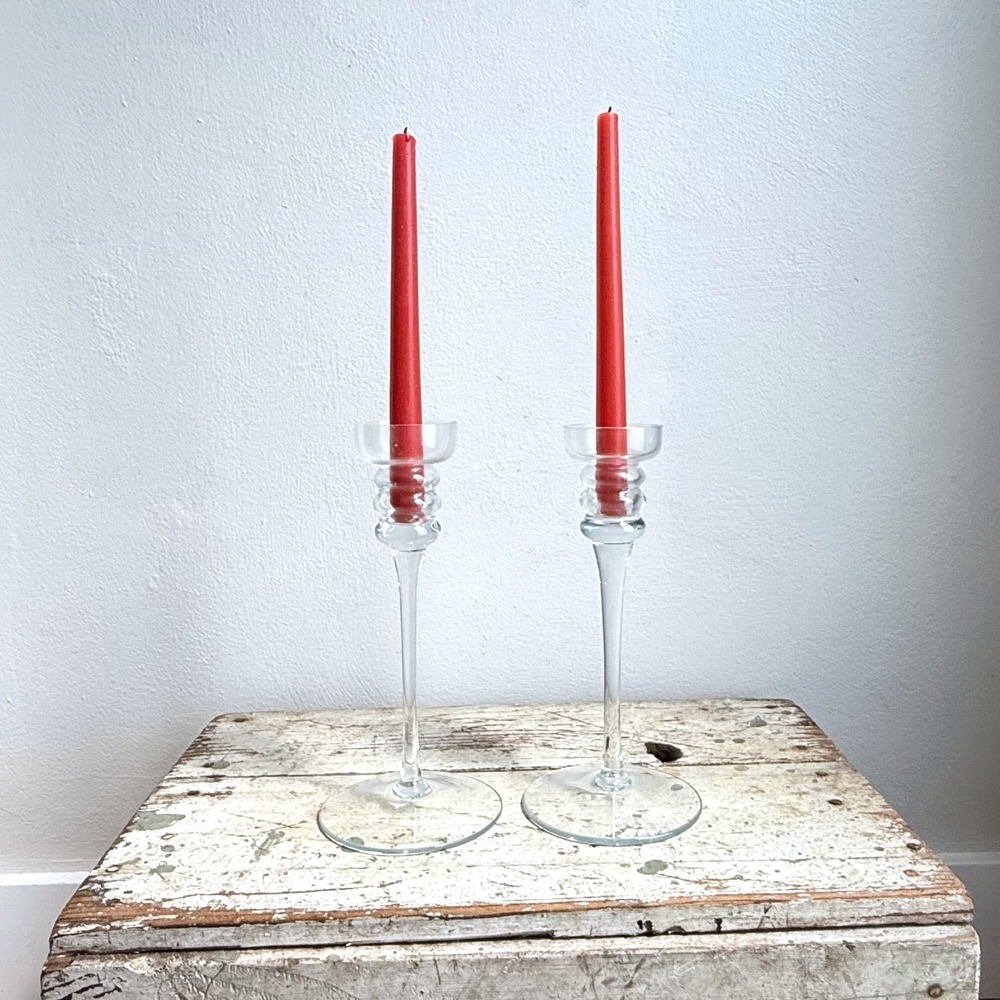 Vintage Clear Glass Long Stem Taper Candle Holders Pair Ribbed Neck 10.5"